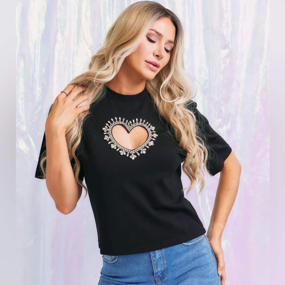 Black Embellished Heart Women Top